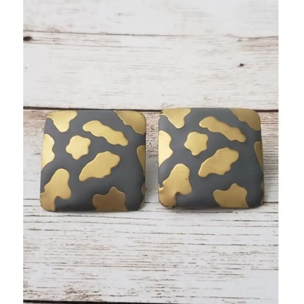 Vintage Clip On Earrings Gray & Gold Tone Square Shape Cloud Pattern Large